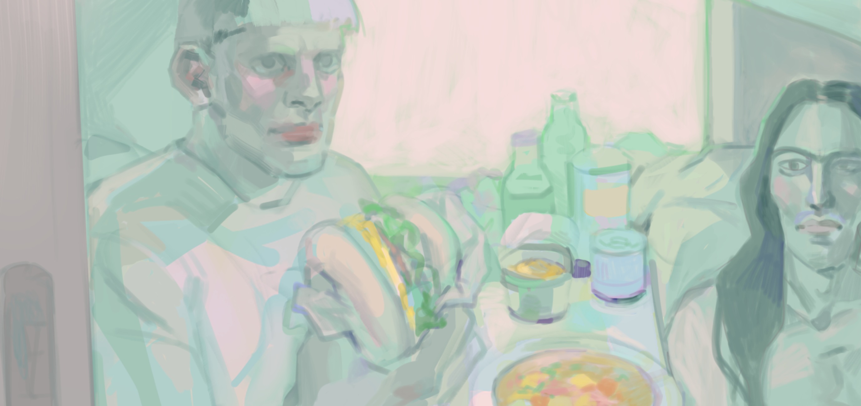 A cropped digital painting of two men on a train in green hues.